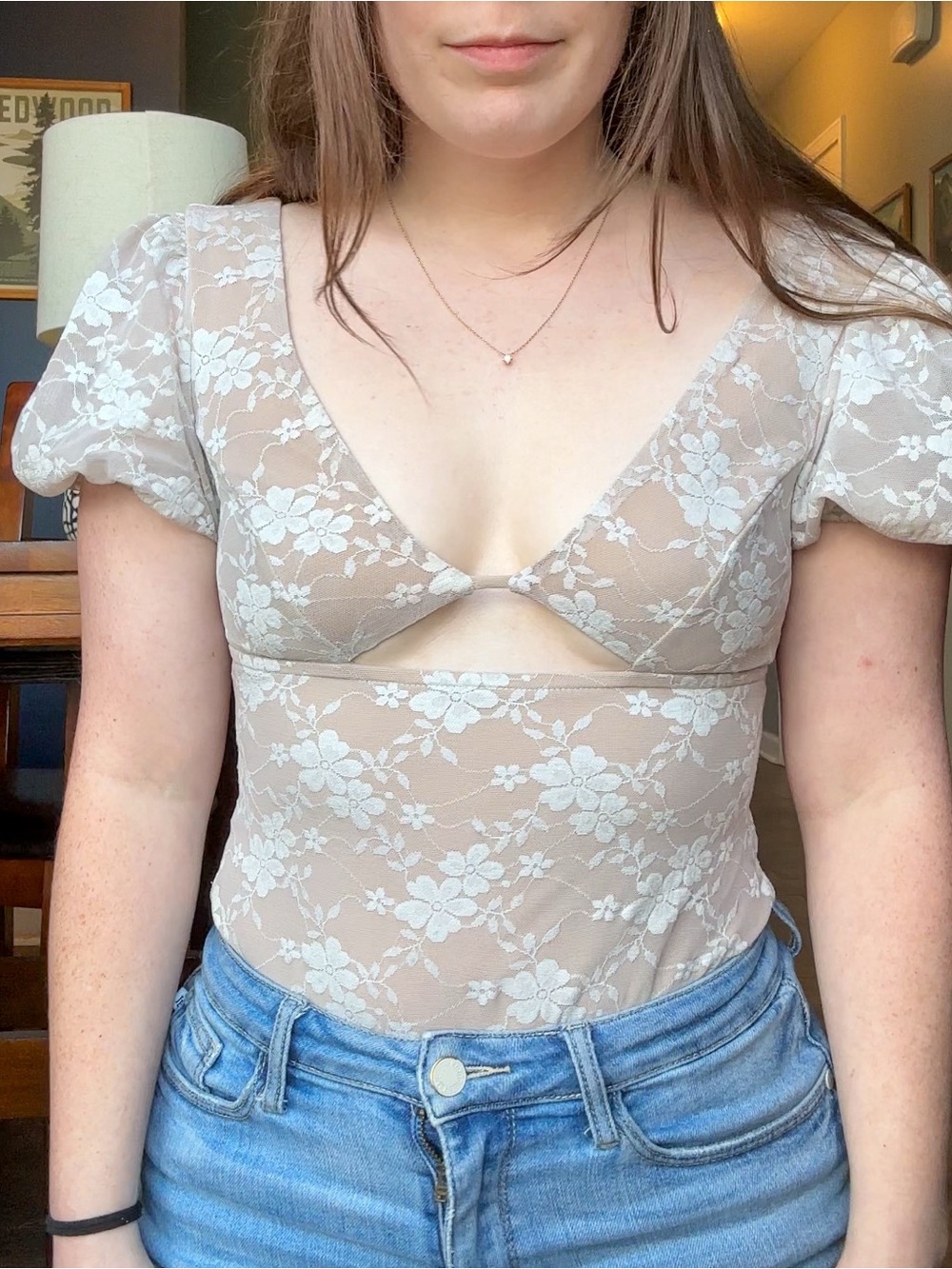 Lulus Floral Lace Puff Sleeve Bodysuit Nude White Small